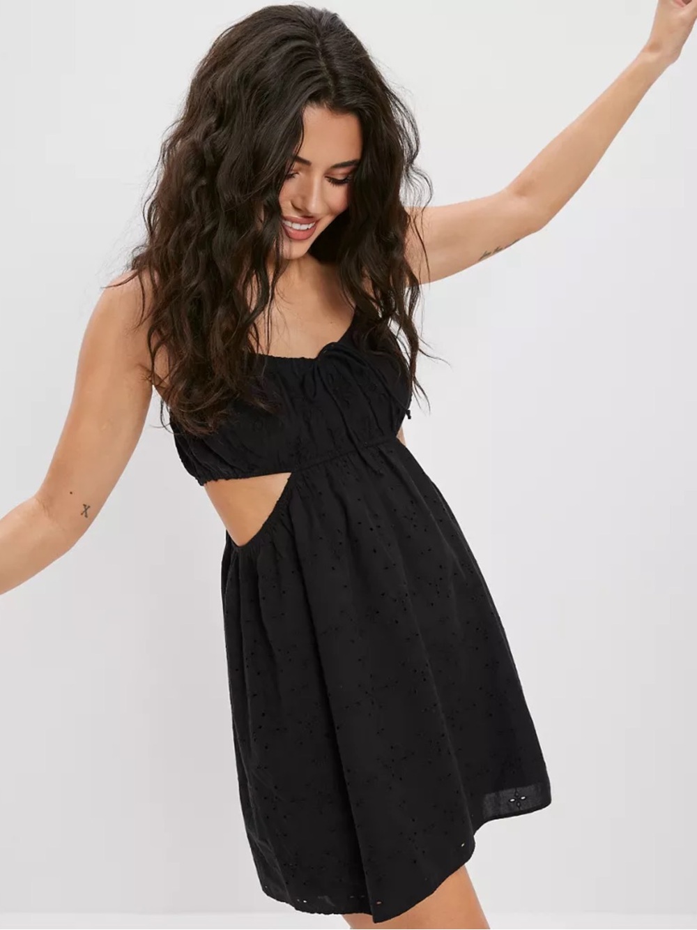 American Eagle Eyelet Cutout Babydoll Mini Dress XS Black 100% Cotton - Picture 15 of 15